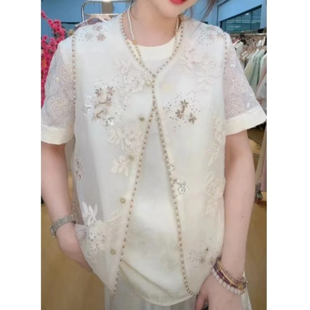 2265国潮中式复古刺绣亮片穿珠圆领夏季小香风马甲坎肩世上湖山