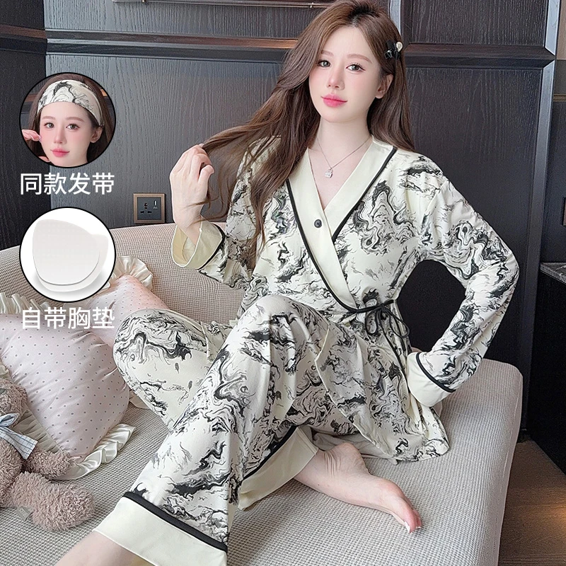 熊猫皇后莫戴尔带胸垫月子服春夏季薄款哺乳孕妇睡衣产后洋气套装