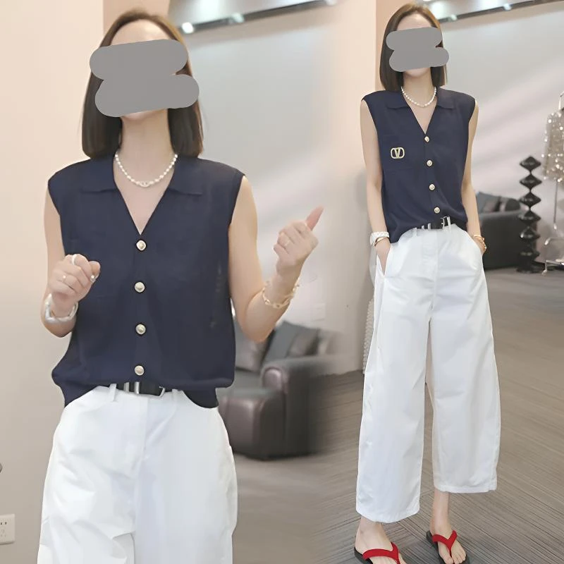 香朵儿2026夏季新款V领纽扣设计感无袖T恤休闲裤套装女生时尚两套