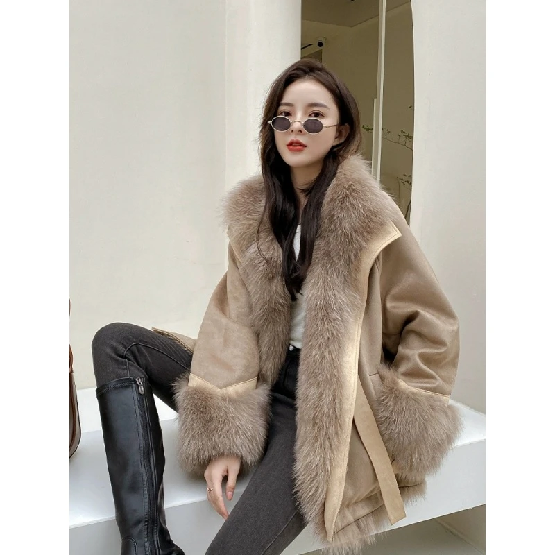 派克服麂皮绒拼接中长款外套女2025冬小个子仿狐狸毛皮草内胆大衣