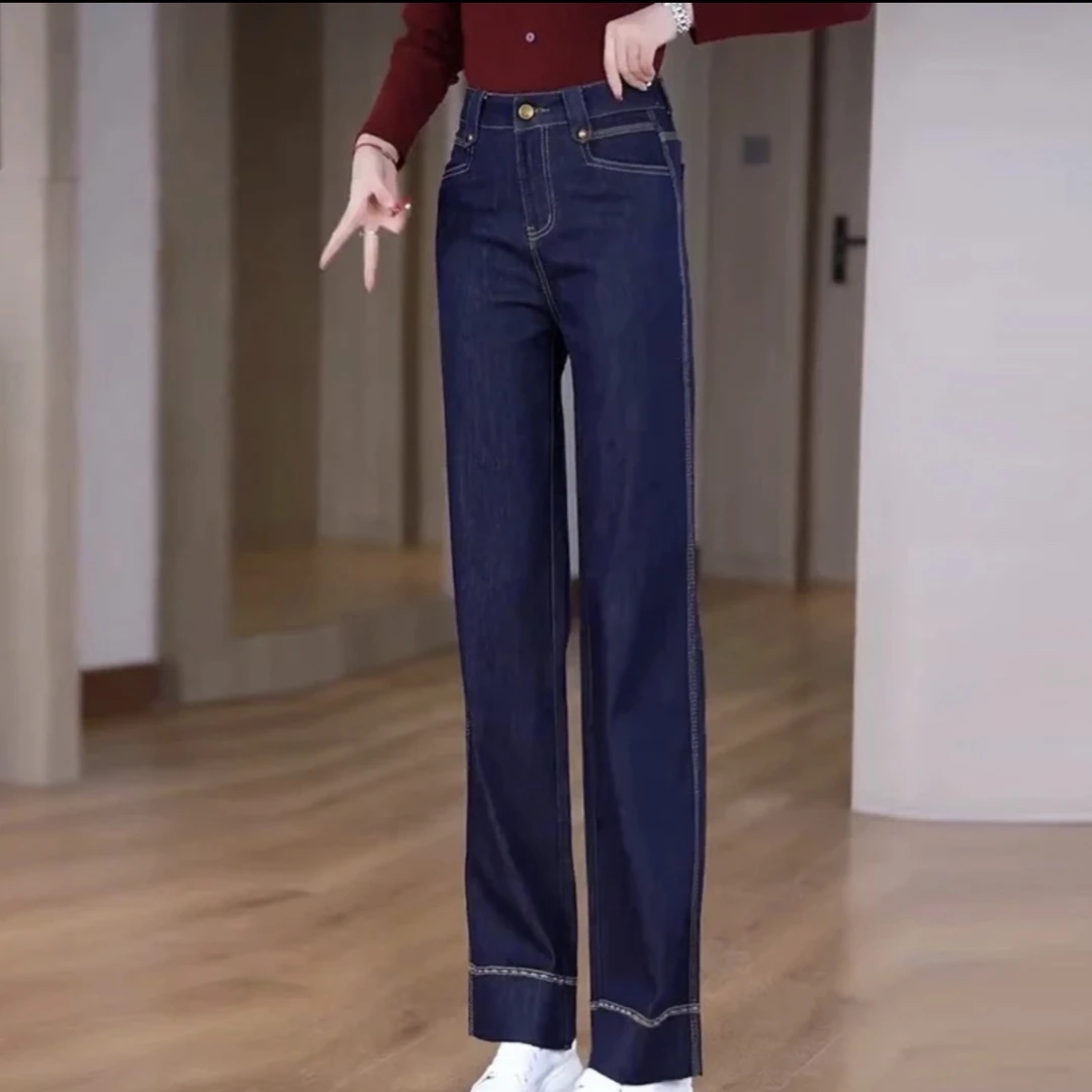 918#【裤长98】秋季丹宁蓝高腰显瘦垂感软牛仔直筒窄版阔腿裤女