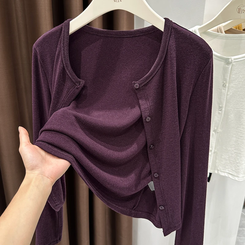 紫色小香风纽扣长袖短外套女秋季爆款配吊带裙外搭薄款宽松上衣女