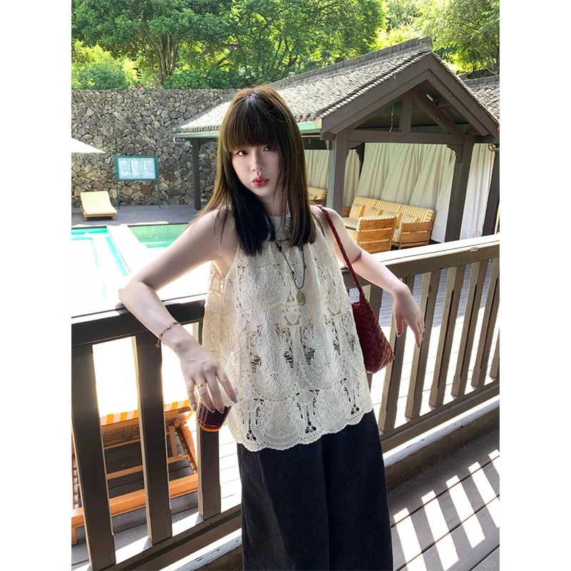 度假风休闲时尚套装女夏季白色钩花无袖背心上衣高腰显瘦直筒长裤