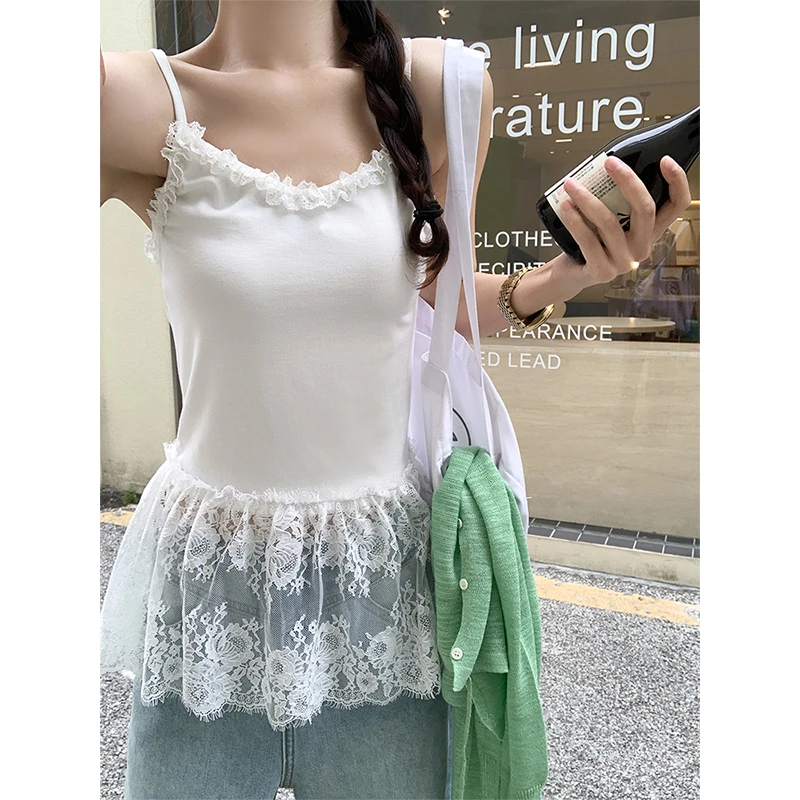 曾小咸设计感白色吊带蕾丝边叠穿背心Z251BXR0936