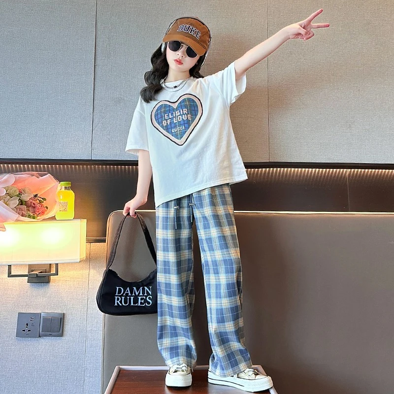 女童格子裤套装2025夏季新款中大童薄款爱心T恤阔腿裤韩版两件套