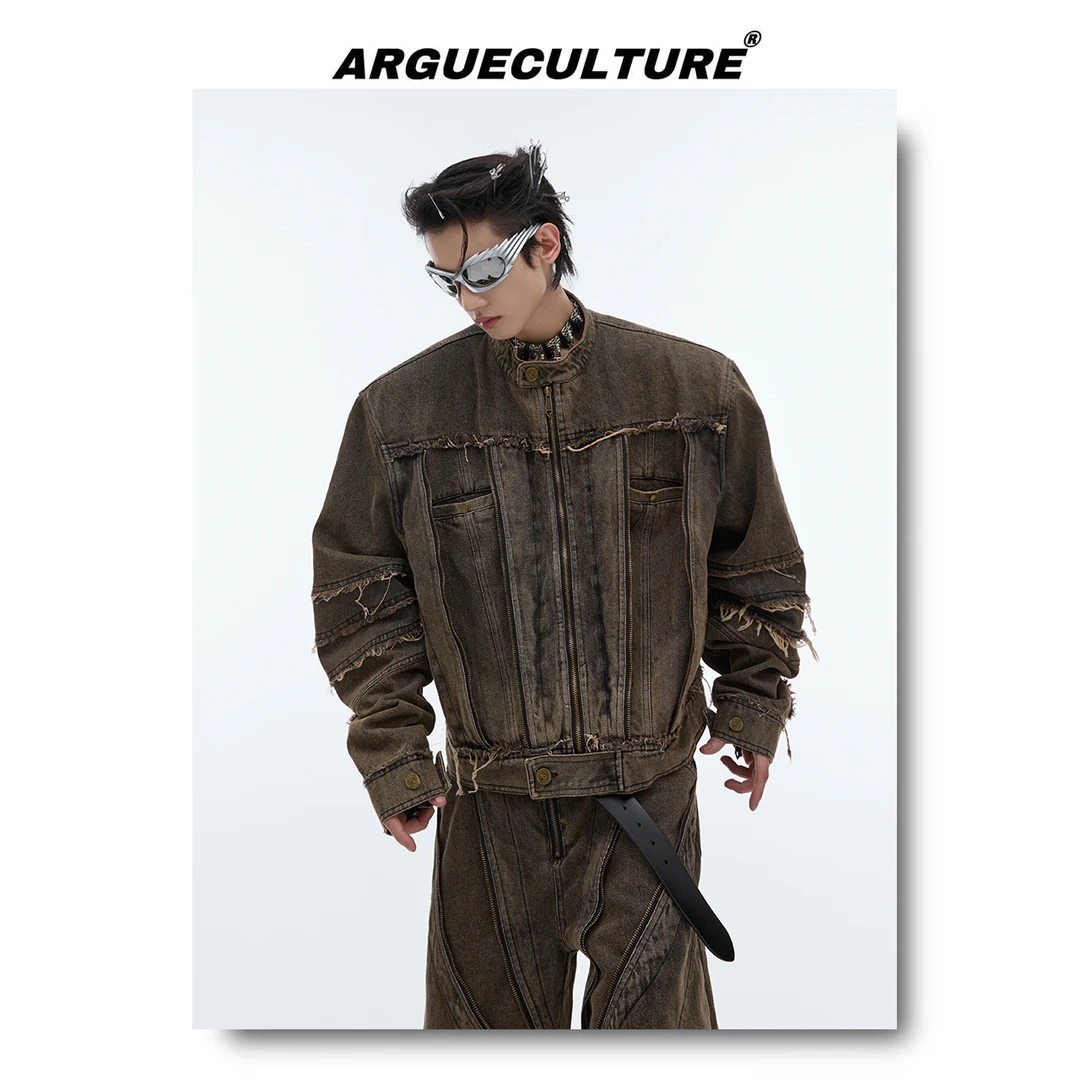 ArguE小众复古做旧水洗垫肩牛仔外套金属流苏设计感重工牛仔套装