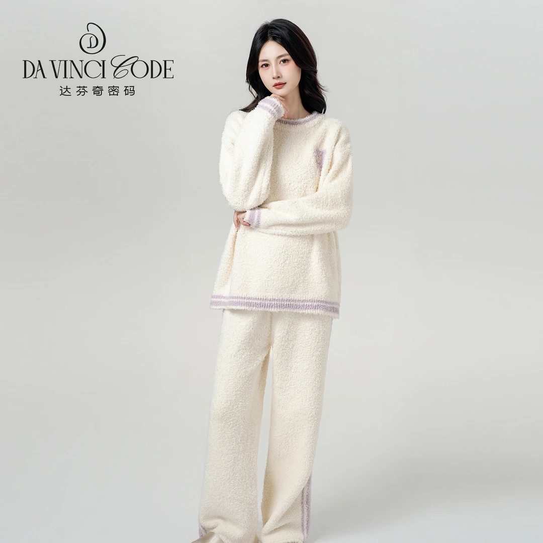 DAVINCIART秋冬胸口小爱心款睡衣女半边绒套装保暖情侣款家居服
