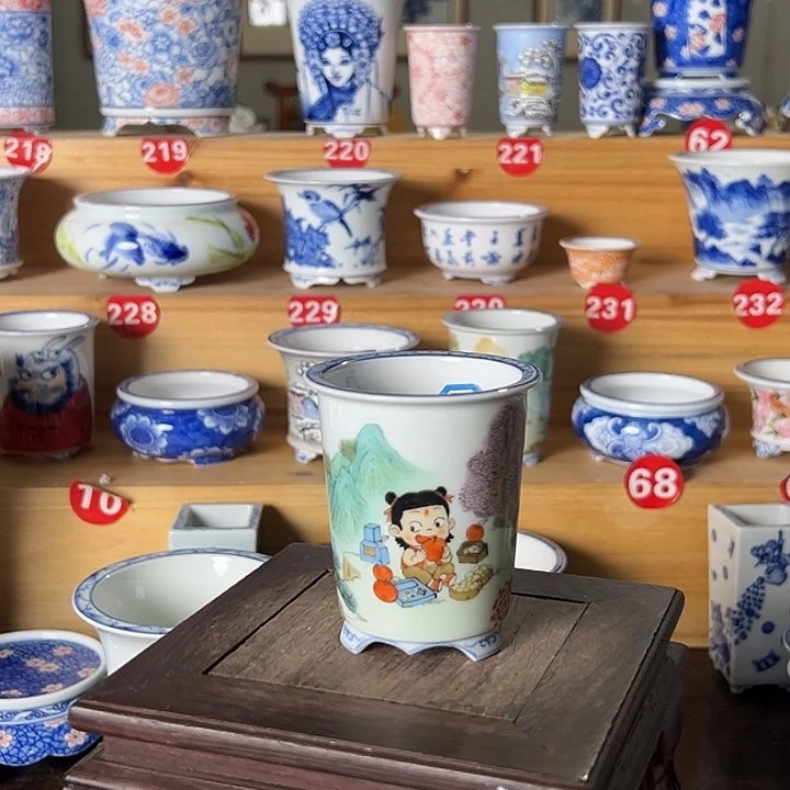 水***华墨奈手绘陶瓷花盆内口5.3高7.6