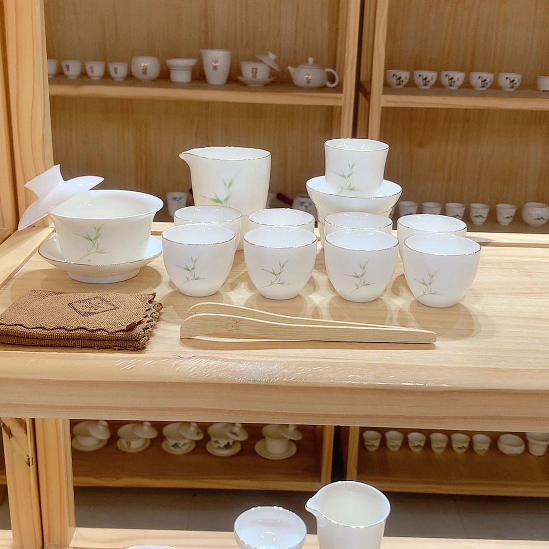 羊脂玉瓷竹报平安15件套功夫茶具