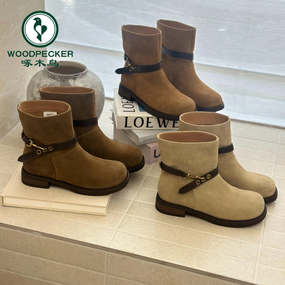 啄木鸟皮带扣马丁靴女2025秋冬新款厚底复古粗跟机车短靴堆堆靴子