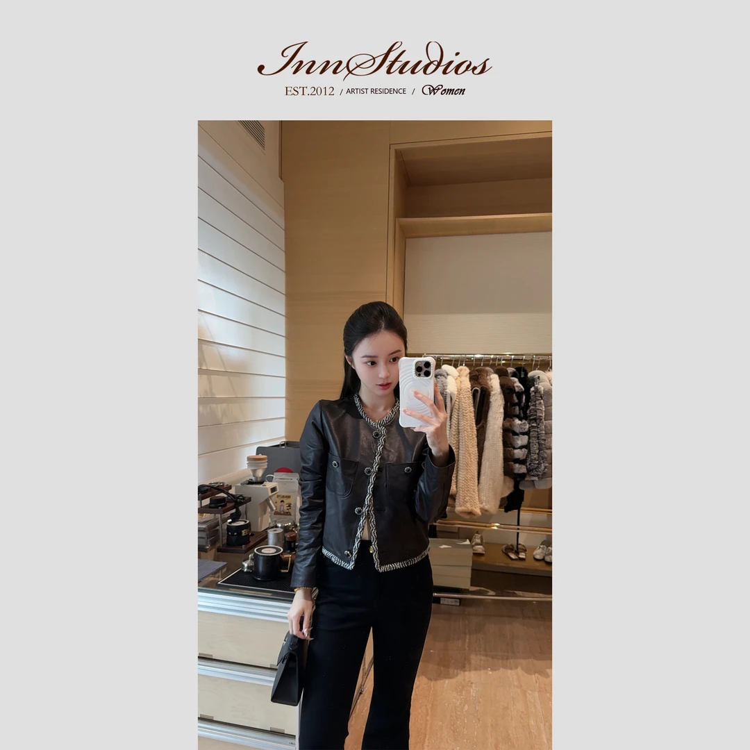 Innstudios 小香边黑色绵羊皮皮衣外套