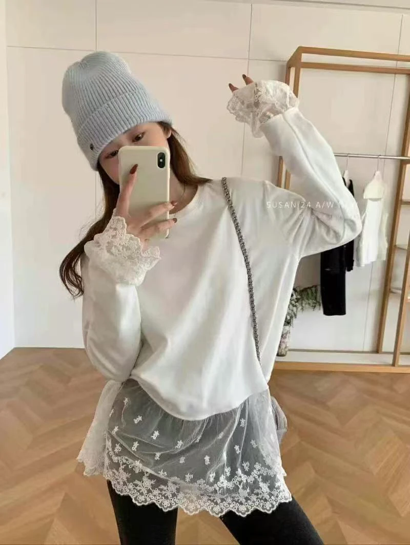 女款白色蕾丝花边T恤长袖