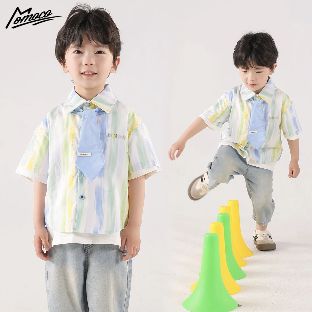 MOMOCO夏季男童尖领拼接上衣渐变扎染衬衫短袖领带77220234001