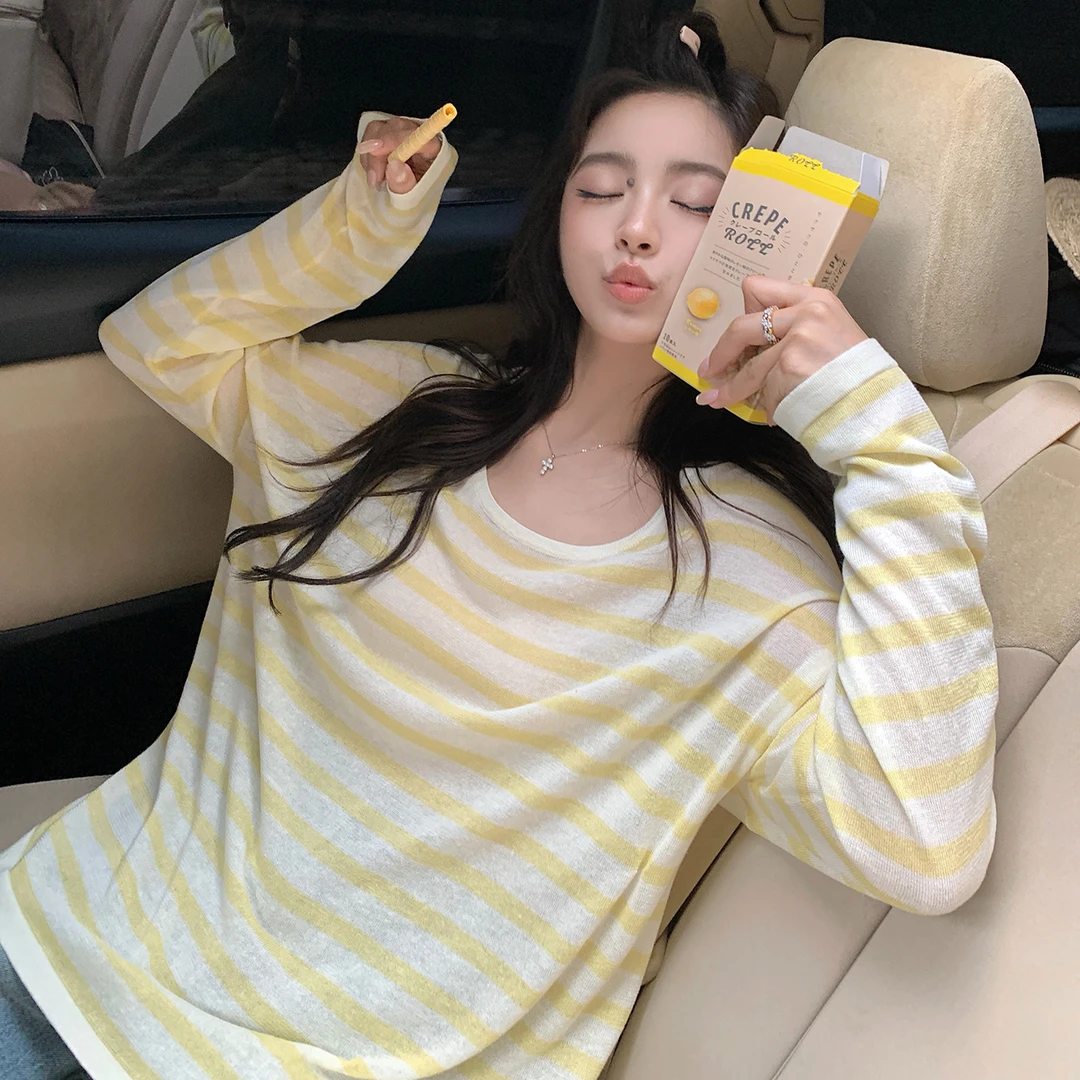 轻氧条纹T夏天越简单越好看！莱赛尔亚麻慵懒呼吸感条纹长袖T恤
