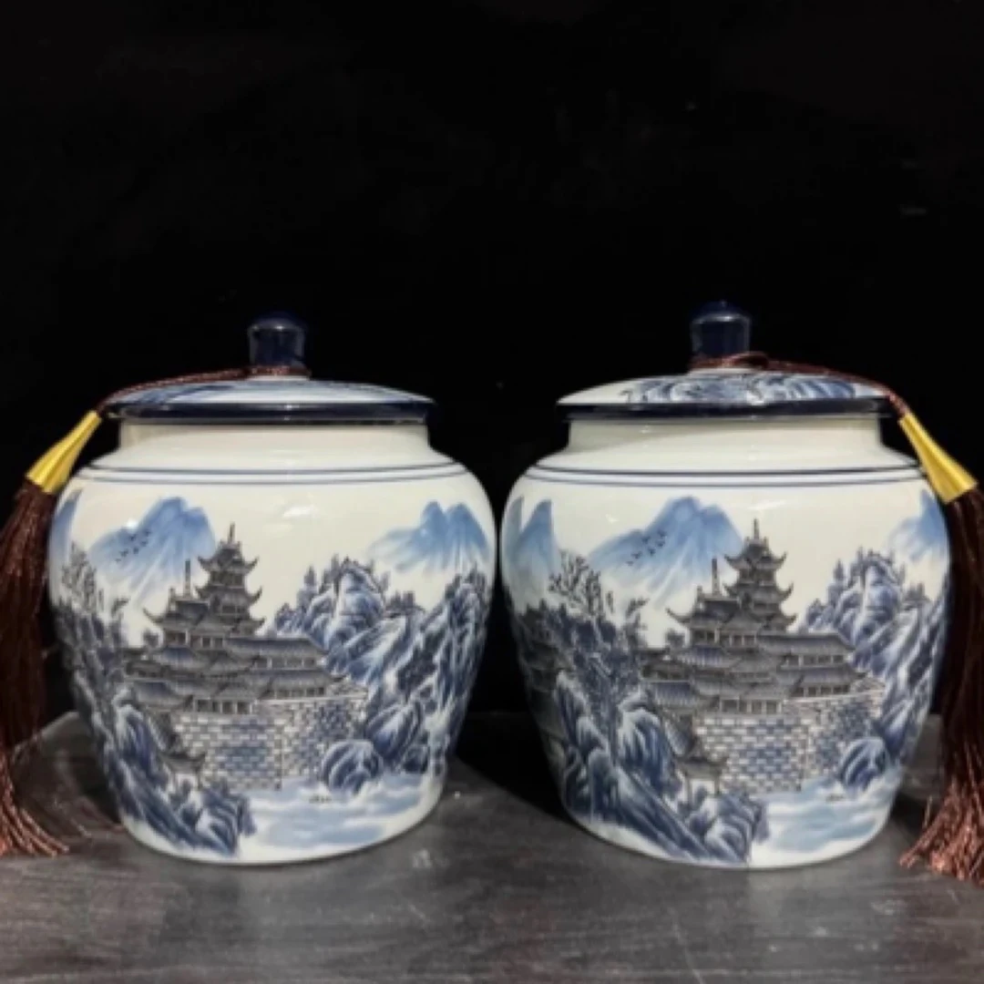 青花山水陶瓷茶叶罐茶叶礼盒包装普洱白茶存储罐