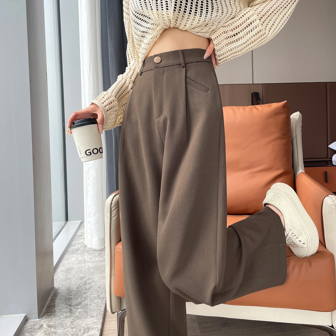 2025春夏新款窄版西装裤口袋阔腿裤女高腰休闲百搭显瘦裤拖地裤女