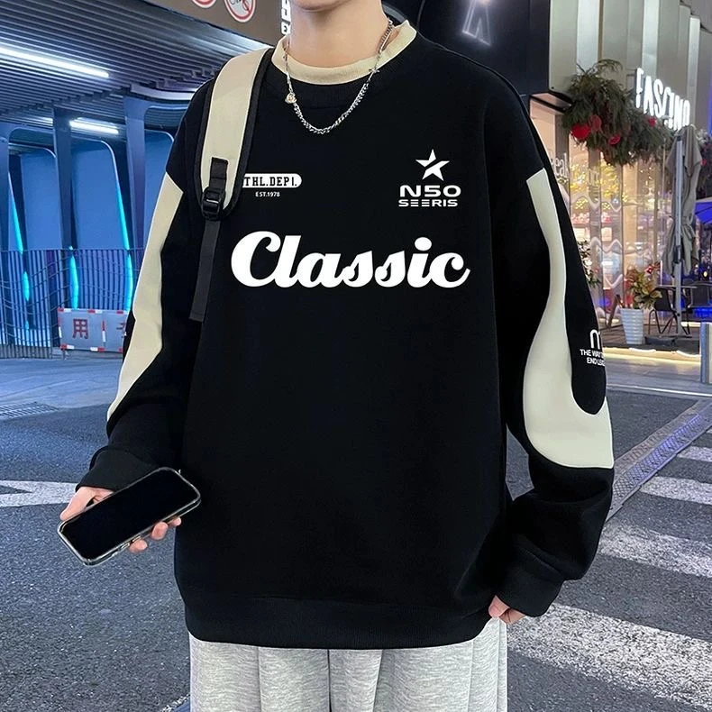 青少年韩版卫衣男装潮流印花休闲上衣圆领套头港风长袖学生打底衫