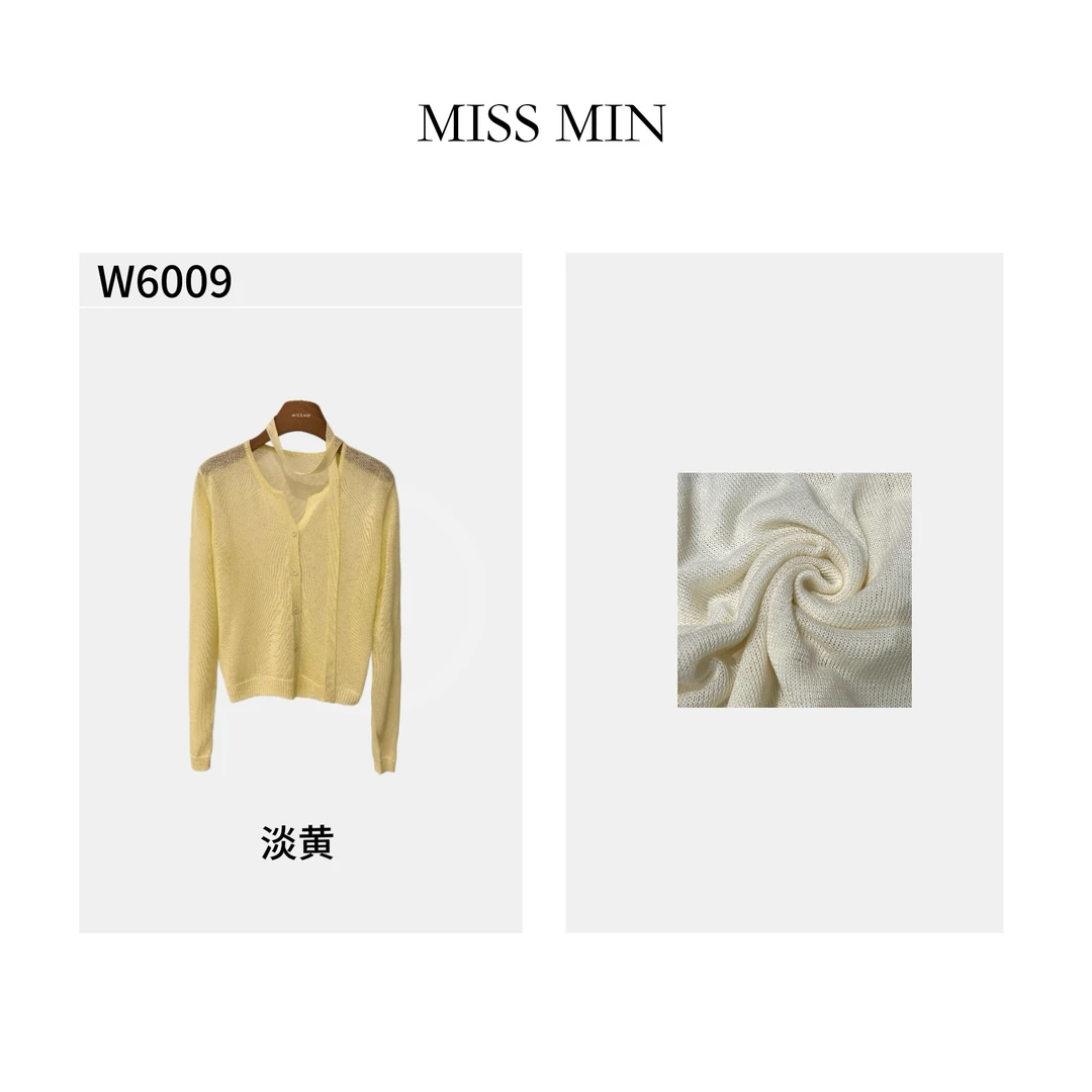 MISS MIN W6009韩系温柔气质飘带围脖宽松圆领纯色开衫外套针织衫