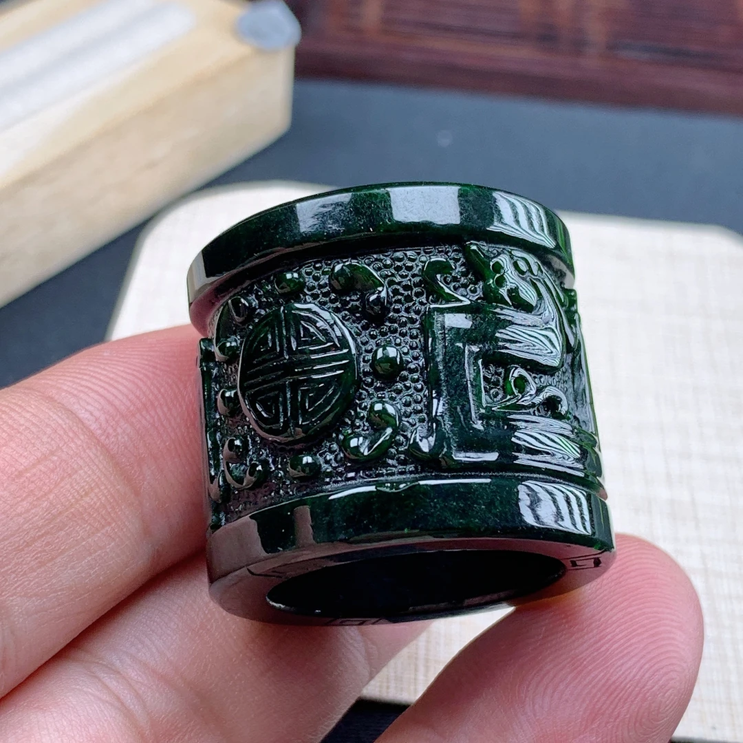 内径22.3翡翠缅甸纯天然A货老坑种辣深绿龙行天下宽边龙扳指戒圈