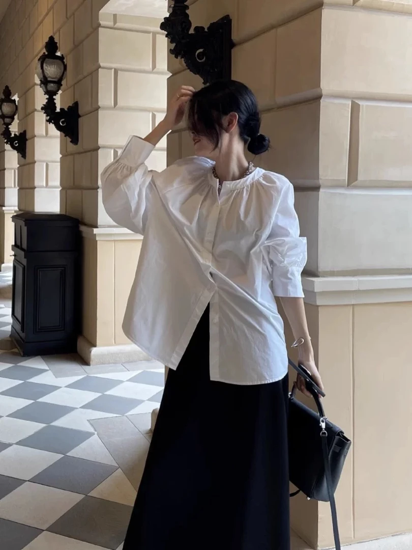 28096日系设计感棉质泡泡袖纯衬衫中长款衬衫25901衣长66