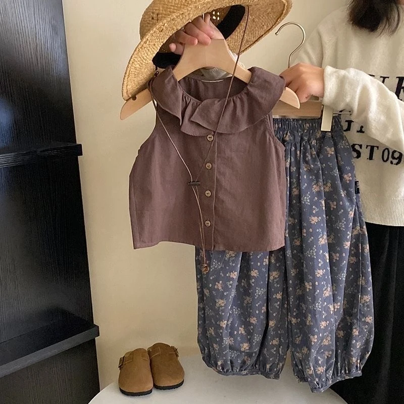 女童森系套装夏季2025新款儿童宝宝洋气荷叶边背心奶奶裤