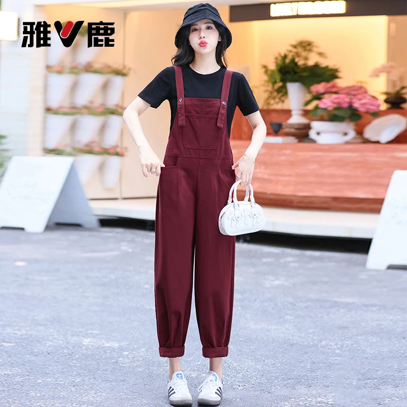 雅鹿小个子连体裤背带裤女2025早秋宽松背带裤外穿拼接套装时尚