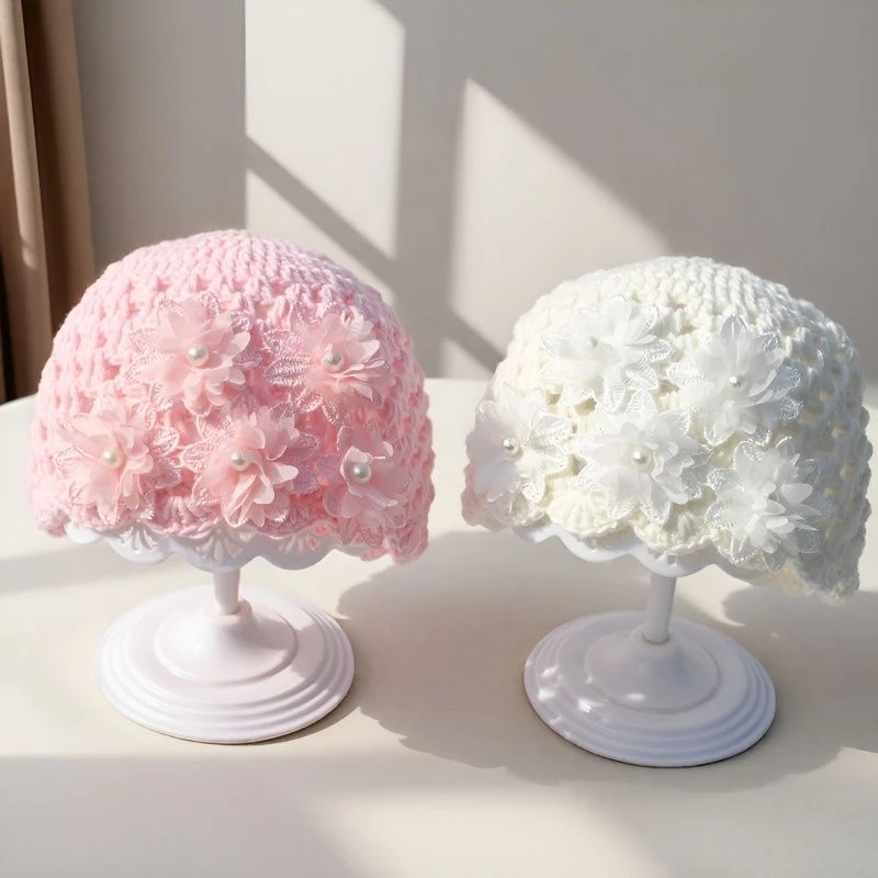 宝宝毛线帽纯手工钩织超萌新生儿公主风套头帽春秋女宝镂空针织帽