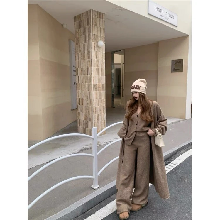 休闲套装中长款长袖毛衣外套马甲背心女秋季针织拖地裤长裤三件套