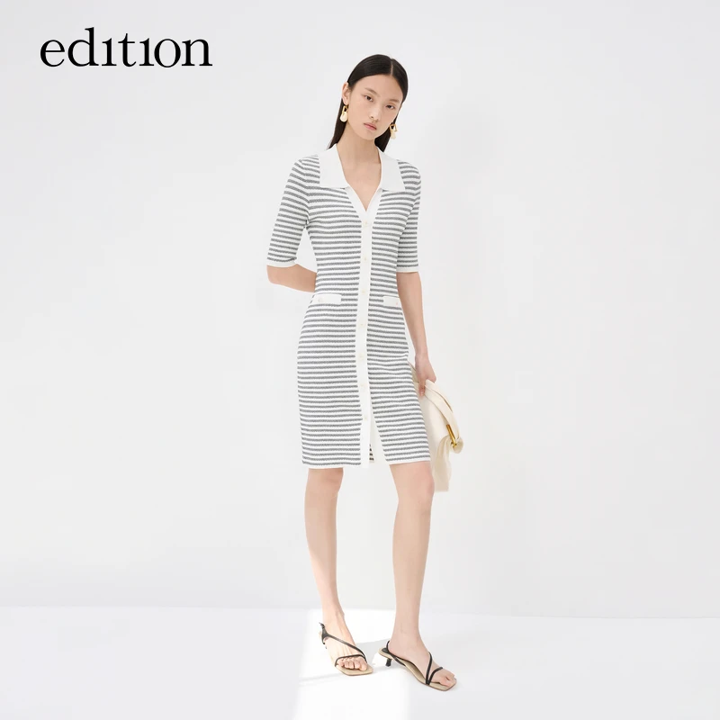 edition夏季时尚休闲小香风条纹针织连衣裙女复古修身#EBC2DRST19