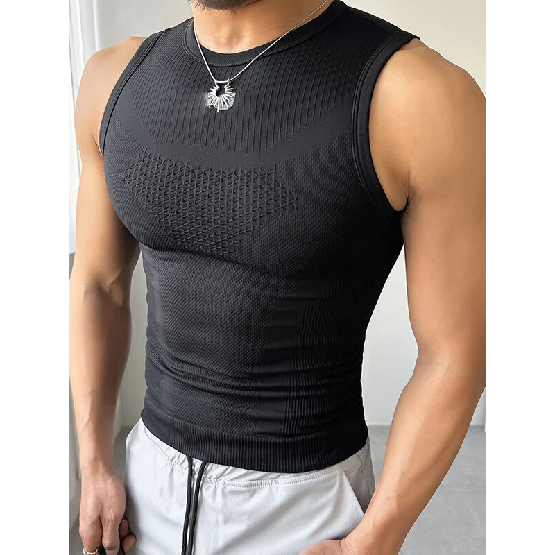 灰色专业健身背心男夏季速干网眼运动t恤修身坎肩弹力体能训练服