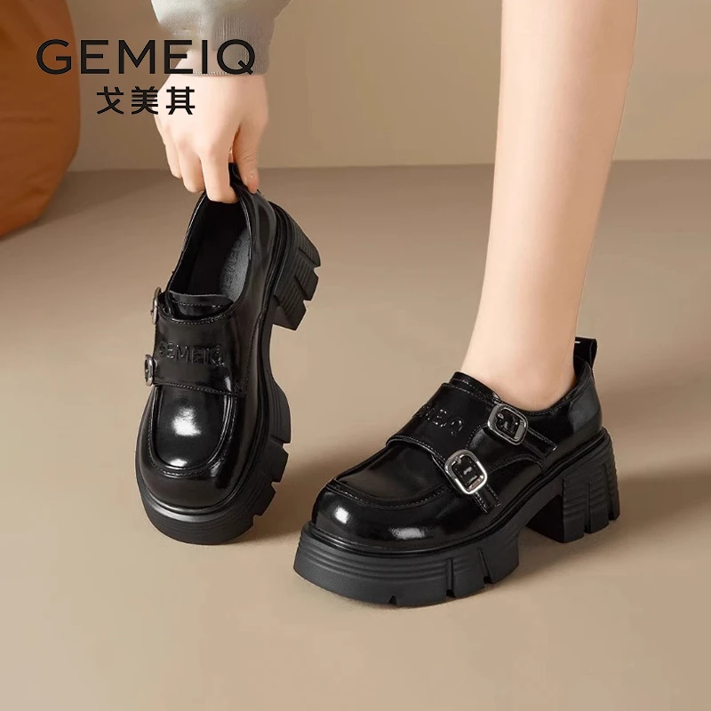 戈美其商场同款厚底乐福鞋2025春秋季新黑色英伦风小皮鞋35211092