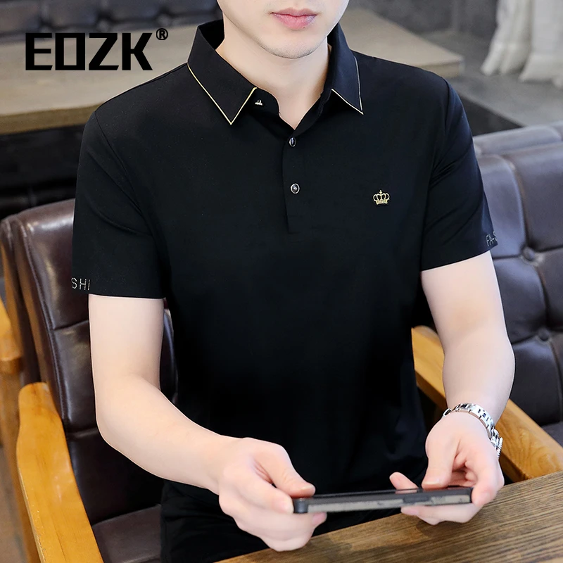 Eozk衬衫领冰丝无痕男士t恤夏季高级感商务休闲纯白色短袖polo衫
