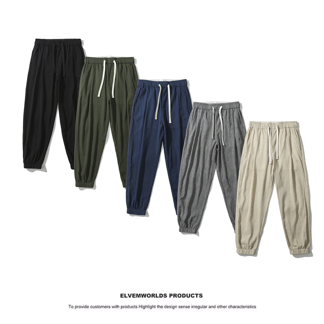 夏季棉麻薄款休闲百搭纯色抽绳微皱束脚刺绣工装裤GK1992