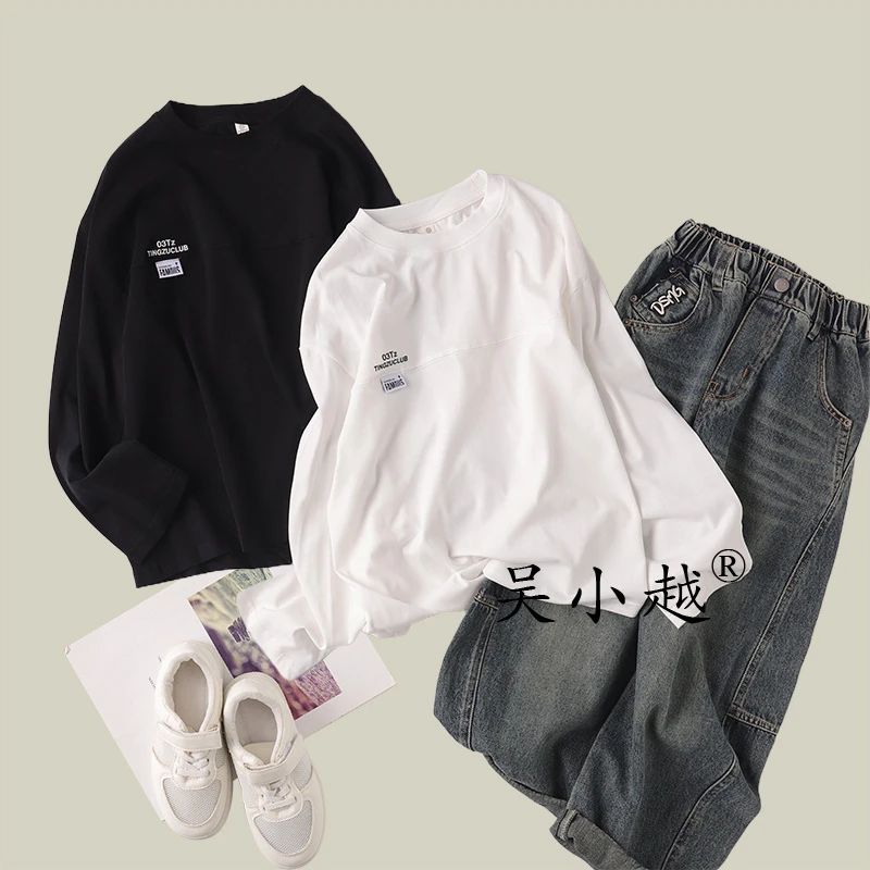 吴小越w1499男童秋装圆领套头白色棉t恤长袖中大童儿童打底衫