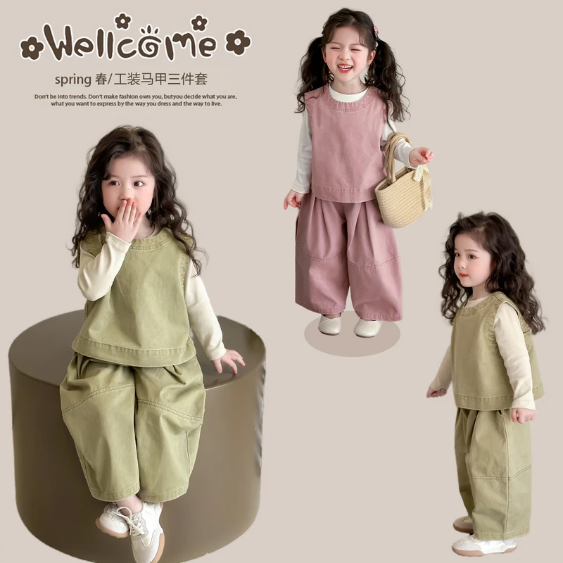 时尚小女孩韩版洋气春装套装女童马甲工装三件套女宝宝春秋款衣服