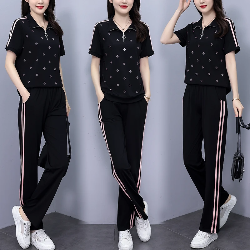 爆款运动套装2025夏季新款休闲简约时尚立领烫钻短袖阔腿裤两件套