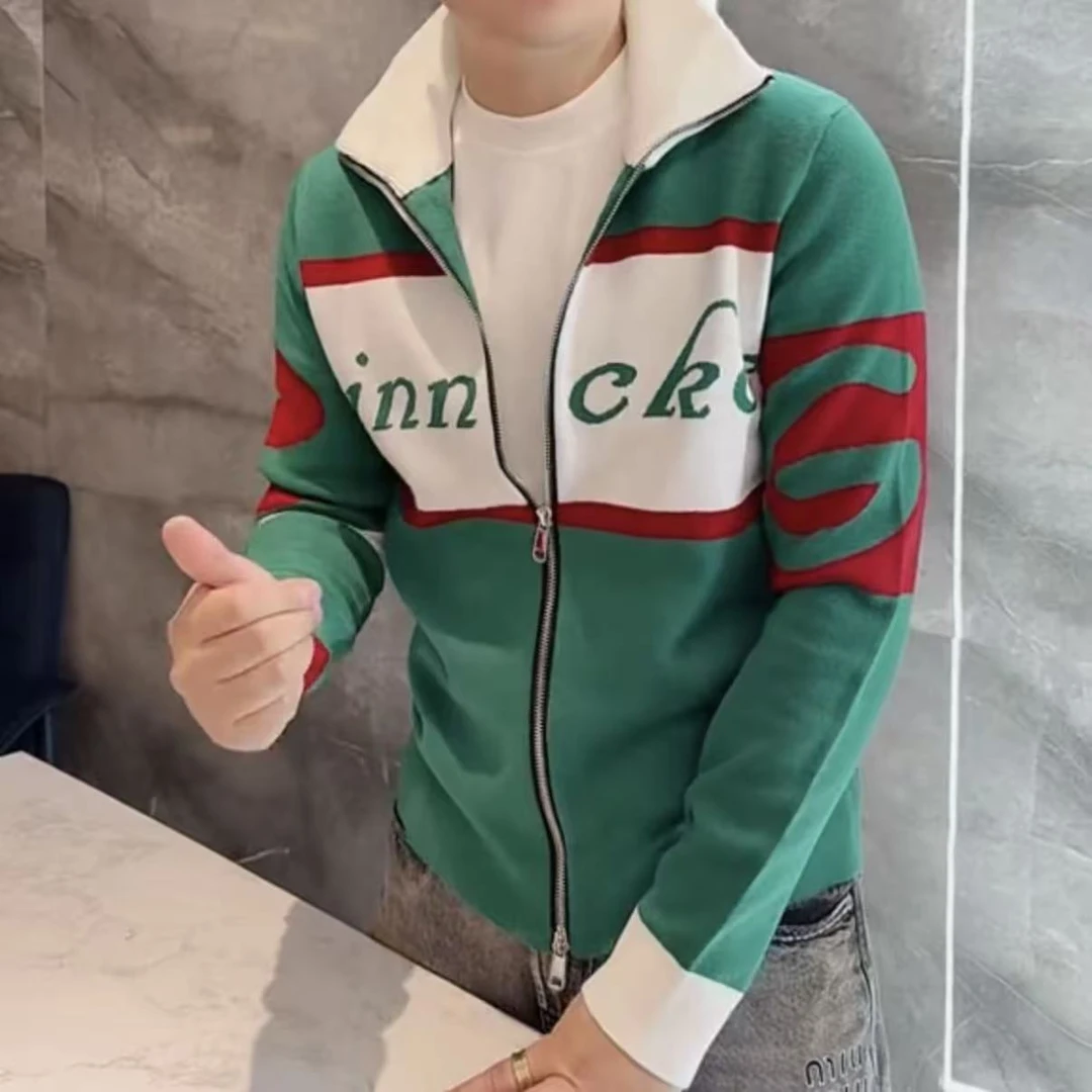 新款男士轻奢拼色秋冬针织帅气潮牌百搭开衫修身男士时尚毛衣休闲