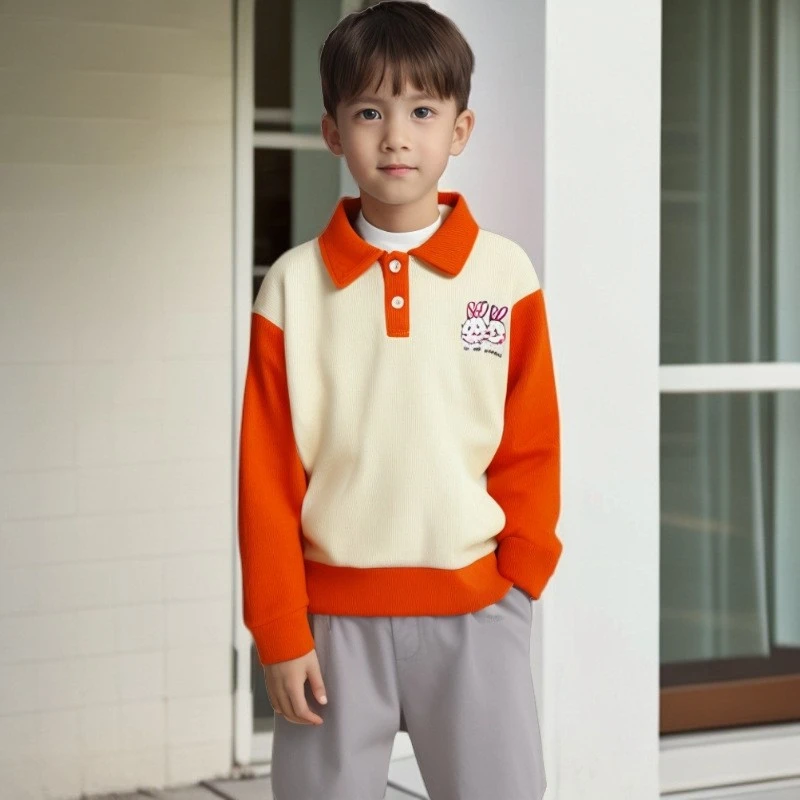 新款春秋季儿童棉polo衫中小童男女宝长袖拼色卫衣针织外套翻领
