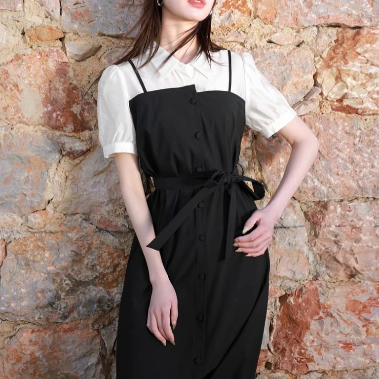 设计感黑白拼色假两件气质通勤连衣裙040