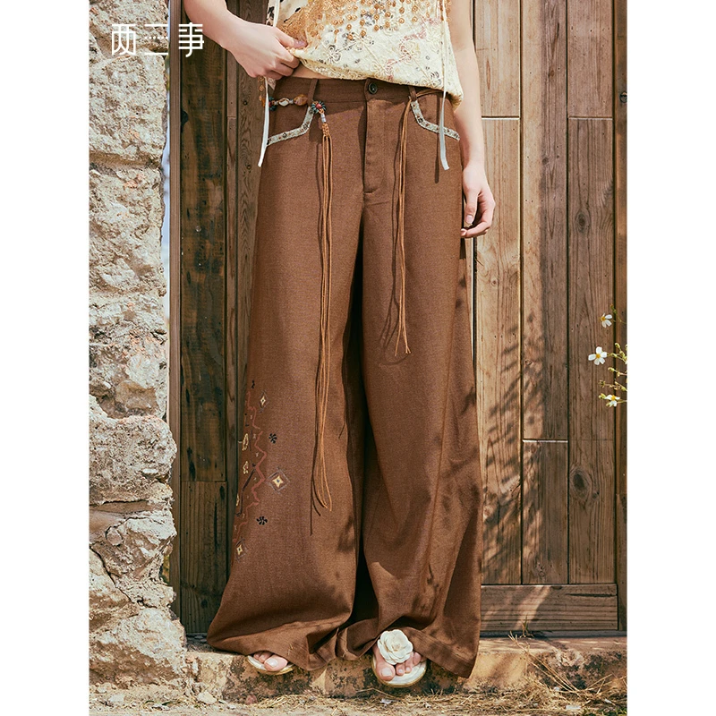 两三事浪游波嬉文艺风印花织带拼接阔腿休闲裤