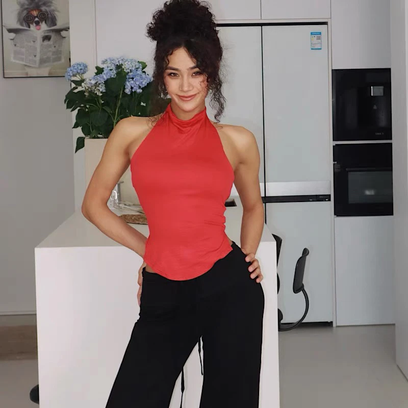 akiyo studio欧美运动休闲风挂脖背心女修身显瘦打底衫上衣