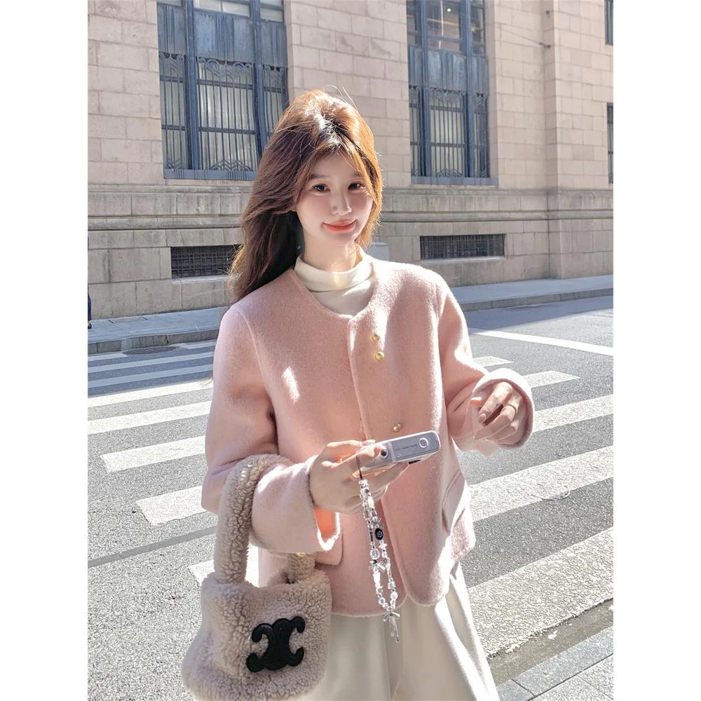 粉色甜美双面呢羊毛外套女秋冬2025新款巨好看气质超火小个子大衣