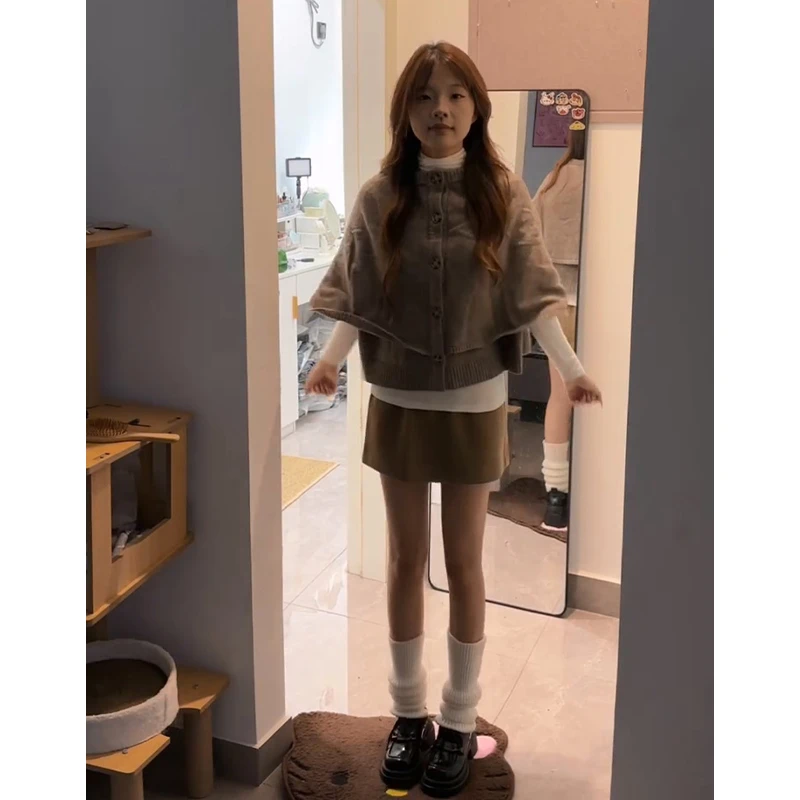 2025秋季新款女法式气质假两件毛衣斗篷半高领内搭上衣高腰半身裙