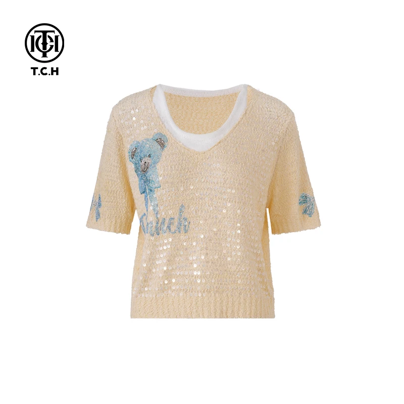 TCH私服烫钻工艺百搭亮片假两件毛针织衫女T75A09E5088轻奢tch