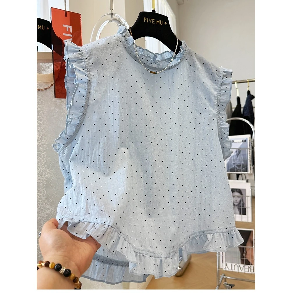 轻奢减龄木耳边小清新背心夏季时尚新款外穿波点马甲无袖上衣薄款