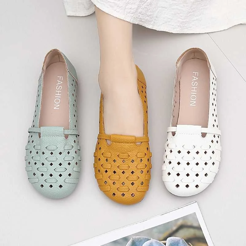 2025夏季新款软底软面百搭休闲平底豆豆鞋女透气镂空瓢鞋女