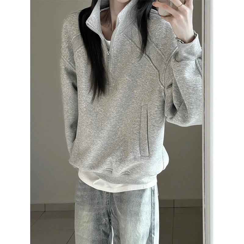 灰色半拉链立领卫衣男款早秋cleanfit外套美式螺纹拼接重磅套头衫