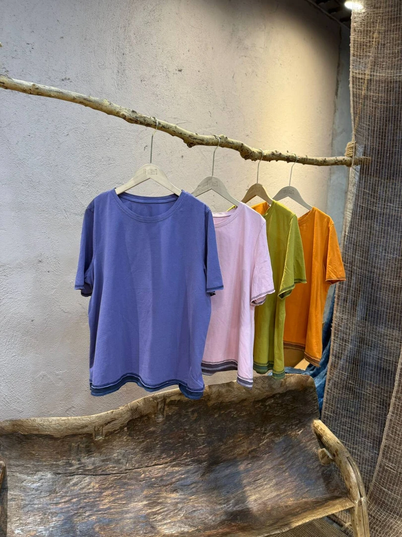 51169原创设计撞色拼接圆领彩色t袖文艺宽松大版套头短袖女