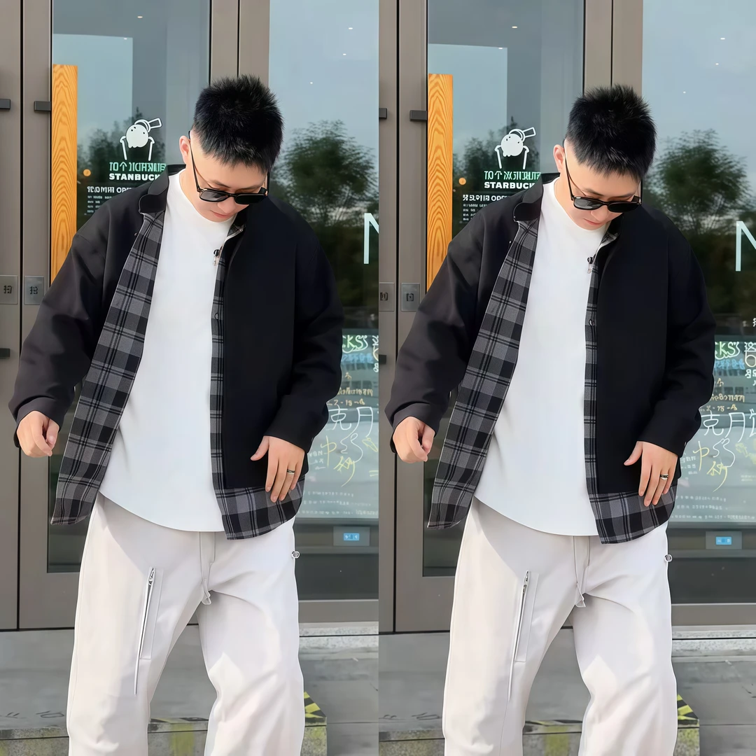 秋季新款拼接假两件格子衬衫外套男士时尚痞帅棒球领宽松百搭卫衣
