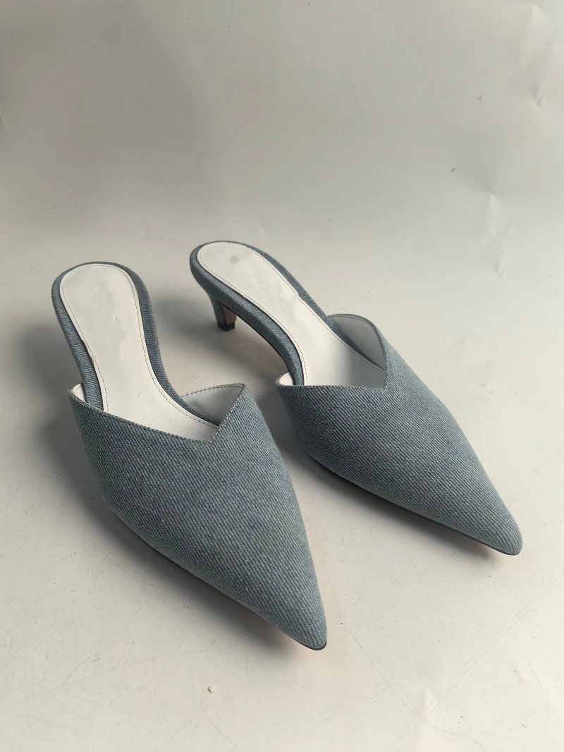 惟蔻*尖头浅口水洗牛仔半托气质百搭法式女鞋